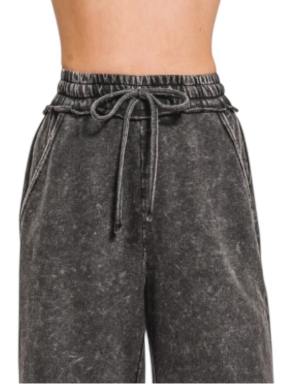 Zenana Black Wash Cotton French Terry Wide Leg Pants - Picture 2 of 8